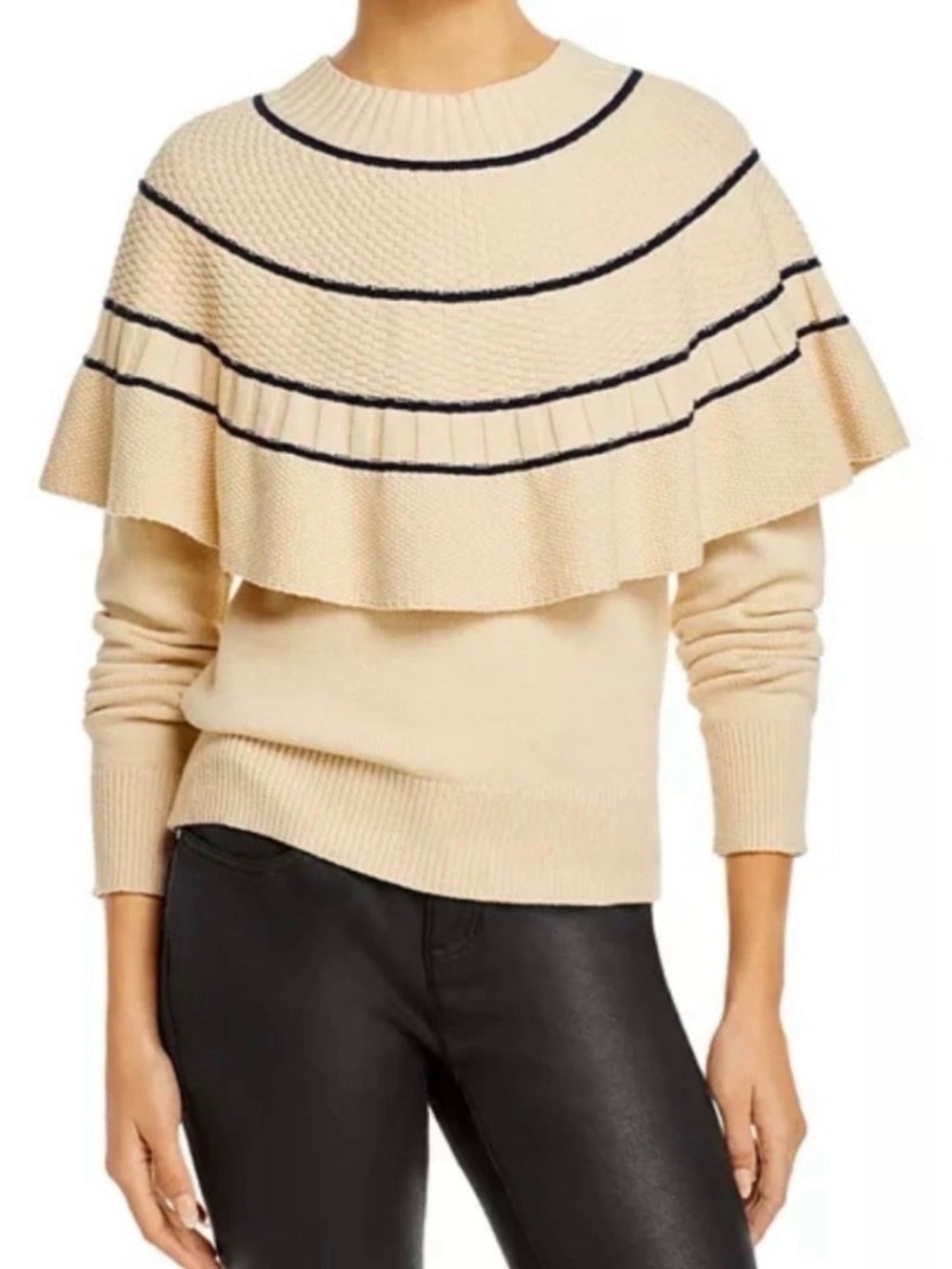 Rebecca Taylor Cream & Black Ruffle Knit Striped Cape Bib Sweater size XL